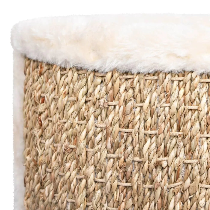 Beige seagrass cat basket bed with plush edge, round scratch-resistant design