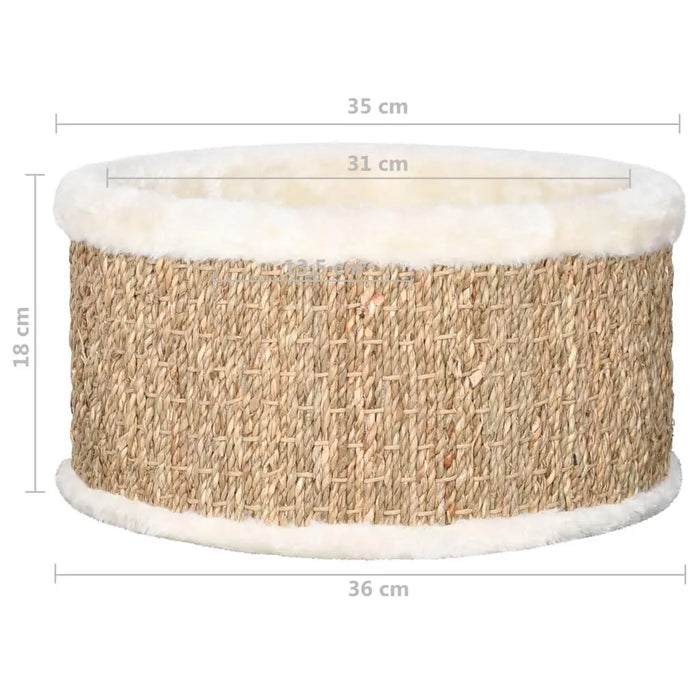 Round seagrass cat basket bed with plush white trim and scratch-resistant design, 36x35x18 cm