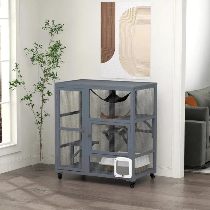 Cat Cage Outdoor Enclosure on Wheels in Grey - Little and Giant Explorers PawHut