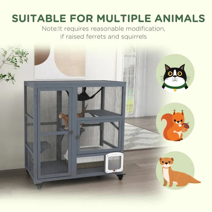 Cat Cage Outdoor Enclosure on Wheels in Grey - Little and Giant Explorers PawHut