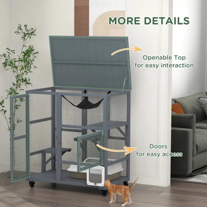 Cat Cage Outdoor Enclosure on Wheels in Grey - Little and Giant Explorers PawHut