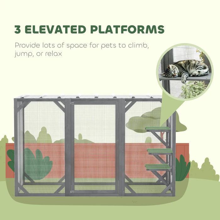 71" Outdoor Wooden Cat House with 3 Platforms in Grey - Little and Giant Explorers PawHut