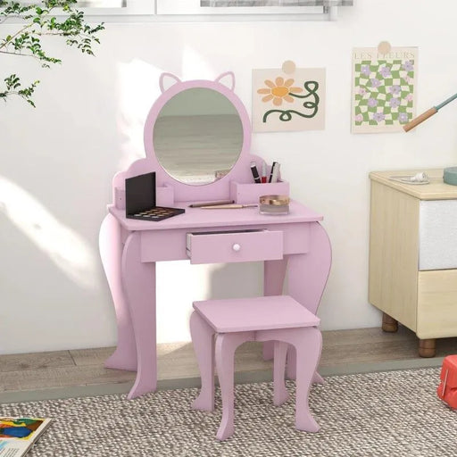 Cat Design Kids Dressing Table with Mirror and Stool - Little and Giant Explorers ZONEKIZ