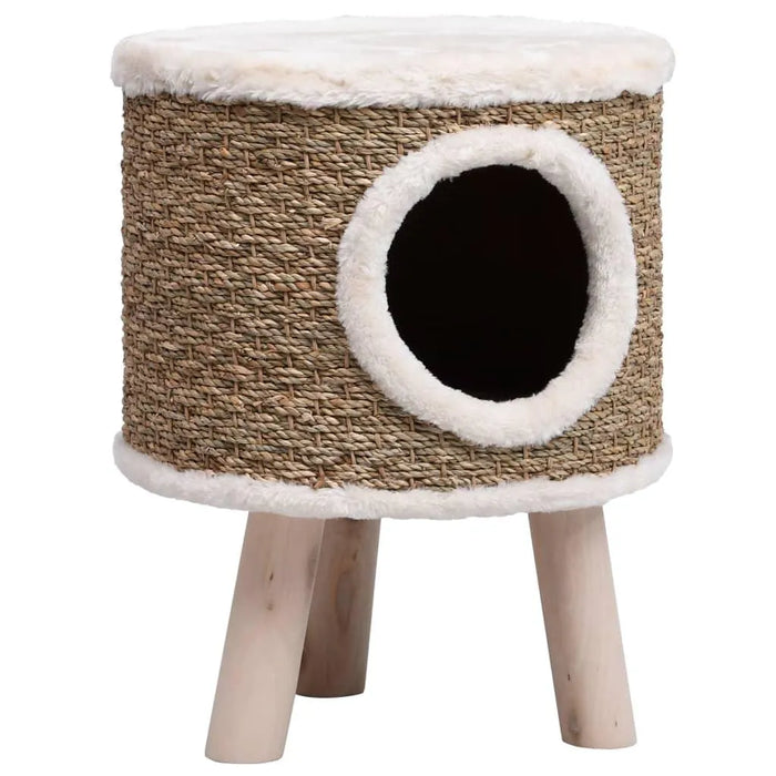 Brown seagrass elevated cat condo with carpet trim and wooden legs