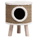 Brown seagrass elevated cat house with round entrance and three wooden legs