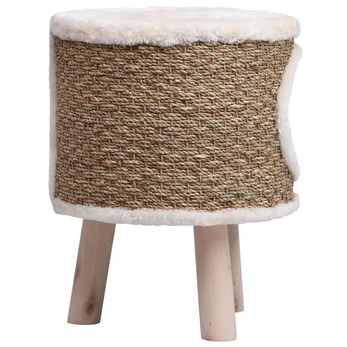 Brown seagrass elevated cat condo with white faux fur trim and wooden legs
