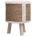 Brown seagrass cat house condo with white faux fur trim and wooden legs, elevated design.