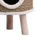 Brown seagrass cat house with wooden legs and plush trim, elevated cat condo design