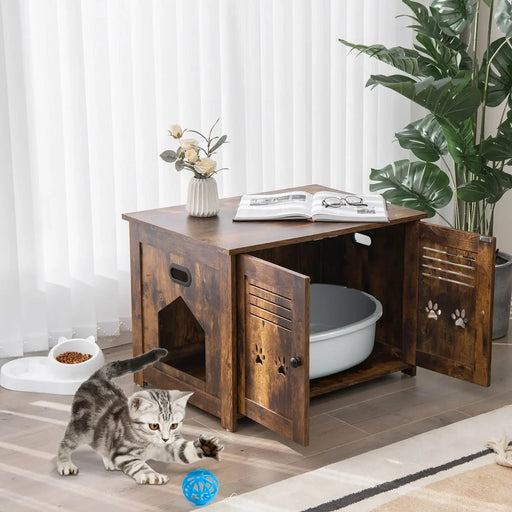Cat Litter Box Enclosure – Rustic Brown | 3-in-1 Cat Furniture - Hidden Litter Cabinet COSTWAY - Little and Giant Explorers Costway