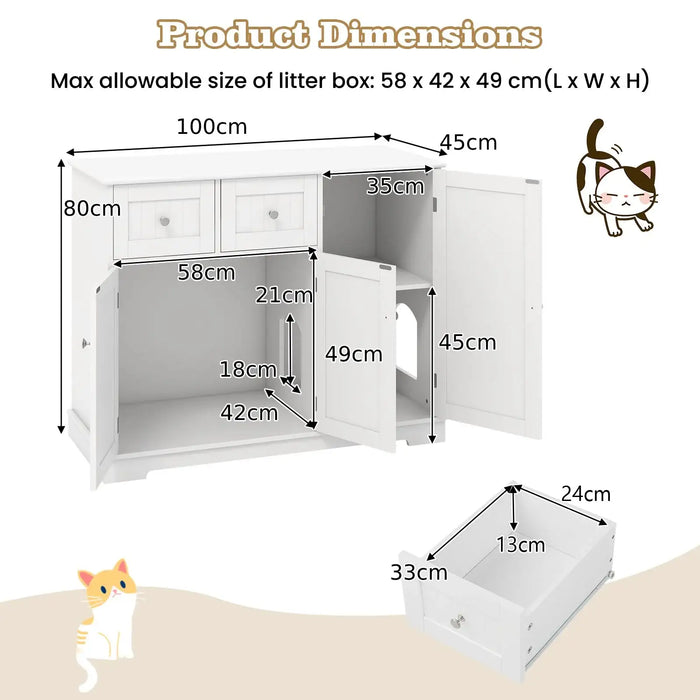 White hidden cat washroom side cabinet with detailed product dimensions and max litter box size