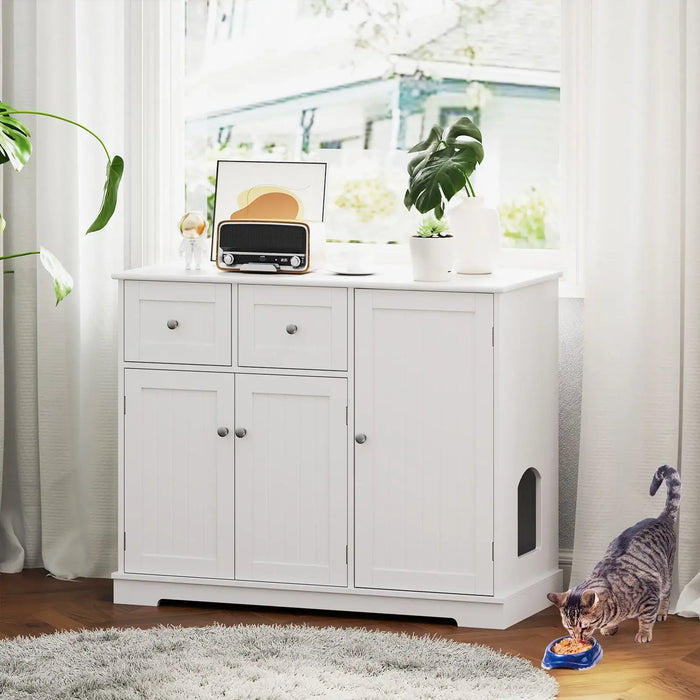 White wooden side cabinet with plant decor and a cat eating food next to it on wooden floor