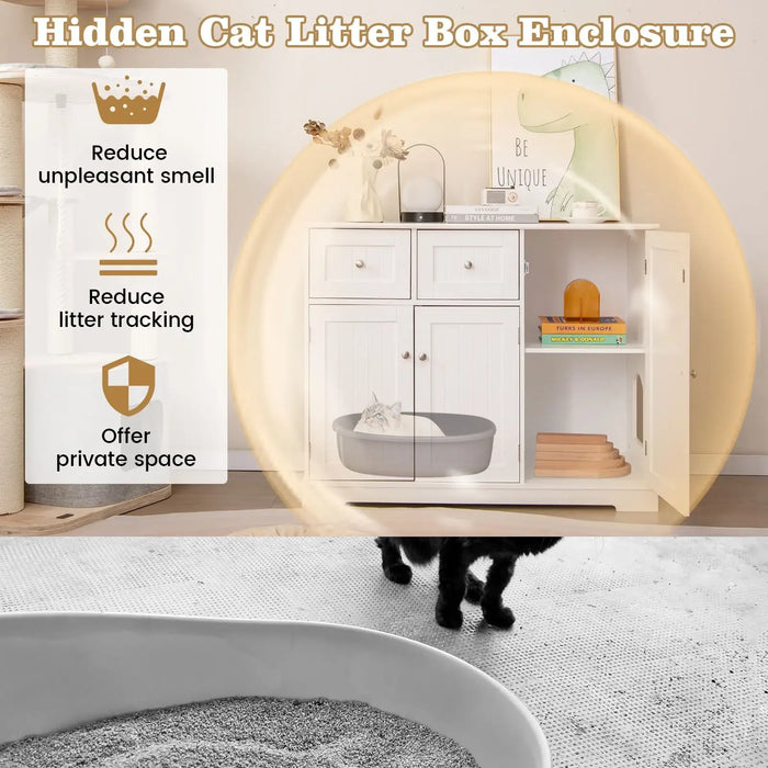 White wooden hidden cat litter box enclosure with storage, reducing odor, tracking, and providing privacy