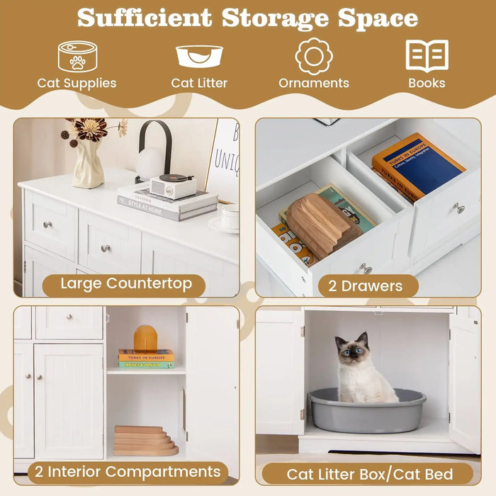 White cat litter box cabinet with large countertop, 2 drawers, interior compartments, and sitting cat