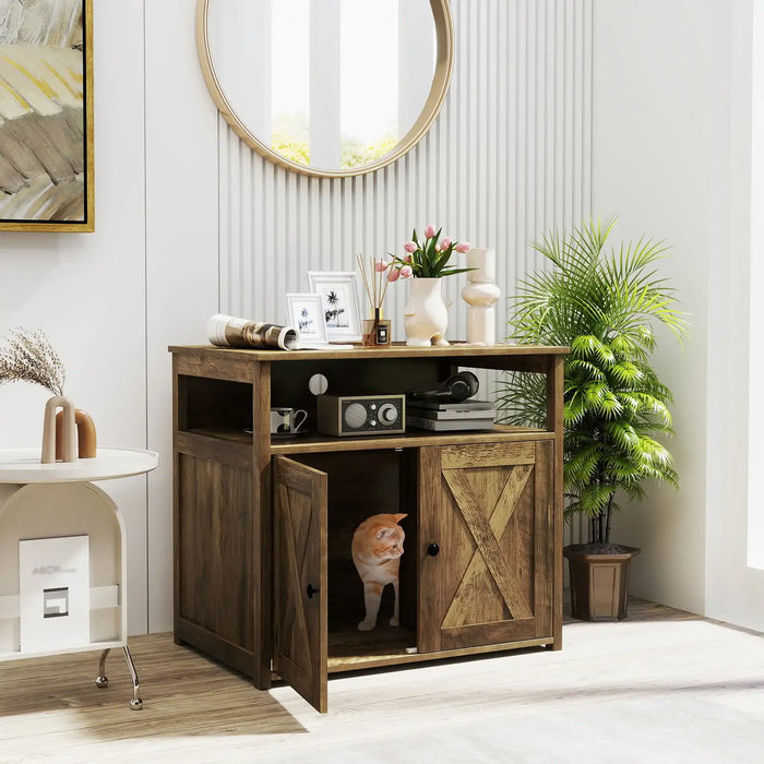 Cat Litter Box Enclosure with Barn Door – Oak | Rustic Hidden Cat Washroom COSTWAY - Little and Giant Explorers Costway