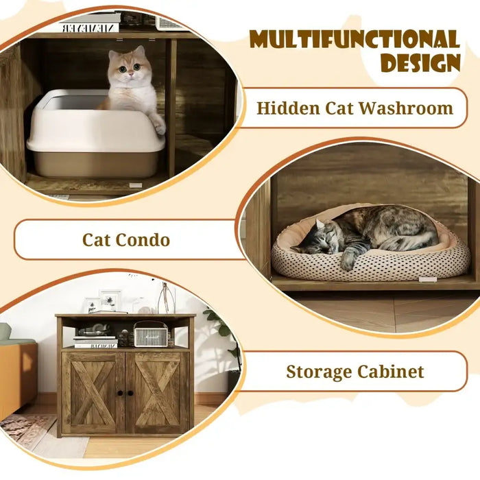 Cat Litter Box Enclosure with Barn Door – Oak | Rustic Hidden Cat Washroom COSTWAY - Little and Giant Explorers Costway