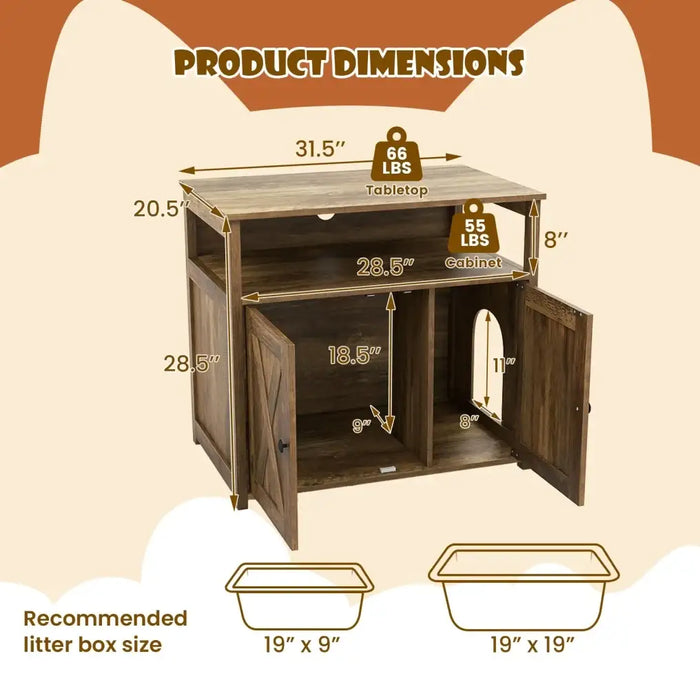Cat Litter Box Enclosure with Barn Door – Oak | Rustic Hidden Cat Washroom COSTWAY - Little and Giant Explorers Costway
