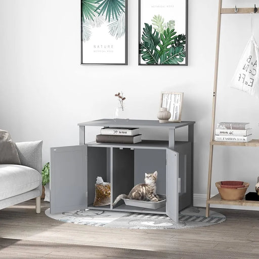 Cat Litter Box Furniture with Storage Shelves – Grey | Hidden Cat House and Cabinet PAWHUT - Little and Giant Explorers PawHut