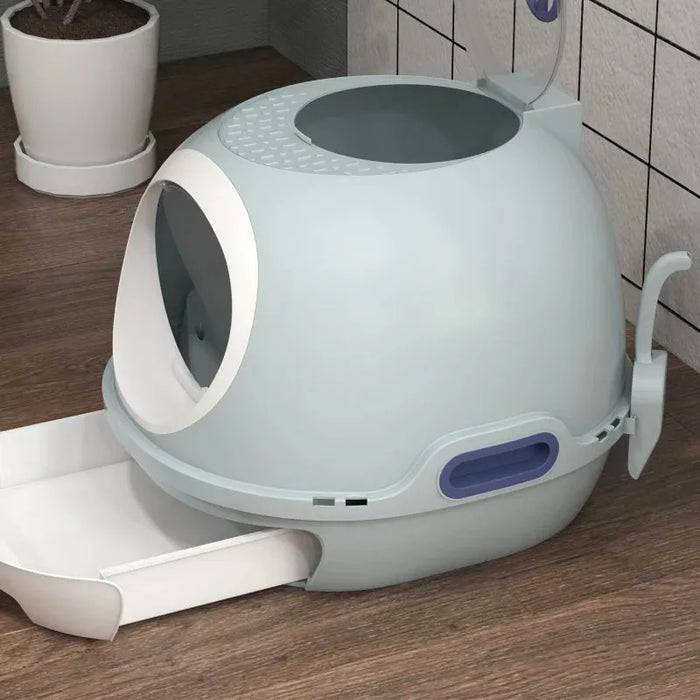 Cat Litter Box Toilet with Litter Scoop Enclosed Drawer in Blue - Little and Giant Explorers PawHut