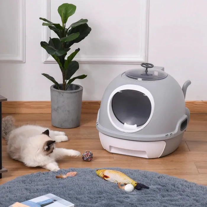 Cat Litter Box Toilet with Litter Scoop Enclosed Drawer in Grey - Little and Giant Explorers PawHut