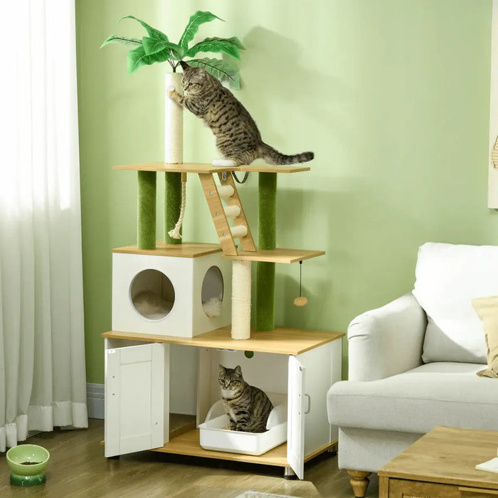 Cat Litter Box with Cat Tree – White | Multifunctional Enclosure with Scratching Posts PAWHUT - Little and Giant Explorers PawHut