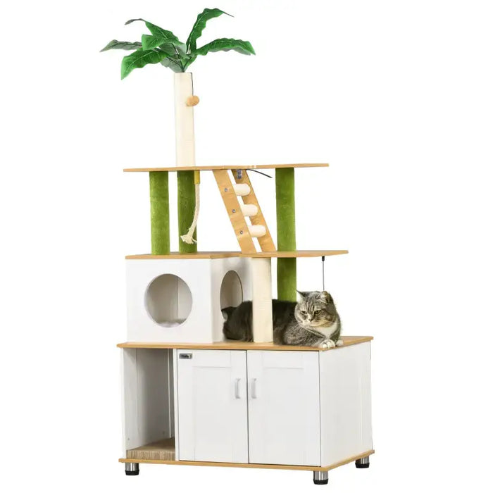 Cat Litter Box with Cat Tree – White | Multifunctional Enclosure with Scratching Posts PAWHUT - Little and Giant Explorers PawHut