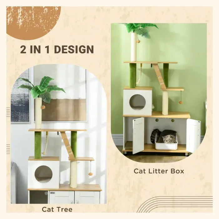 Cat Litter Box with Cat Tree – White | Multifunctional Enclosure with Scratching Posts PAWHUT - Little and Giant Explorers PawHut