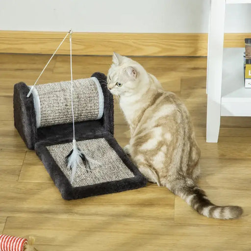 Cat Scratcher Bed - Grey | Sisal Roller with Feather Toy and Plush Lounger PAWHUT - Little and Giant Explorers PawHut