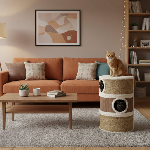 Two cats in seagrass scratching barrel with condos, modern living room and orange sofa
