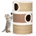 Tabby kitten scratching a large brown seagrass cat barrel condo with three openings