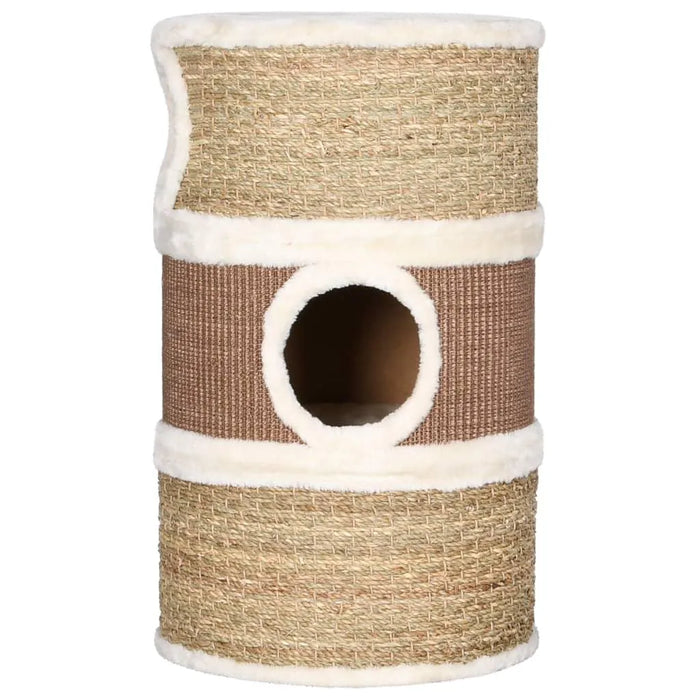 Brown seagrass cat scratching barrel with three condos and round entrance