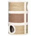 Brown seagrass cat scratching barrel with condos and white trim on a white background