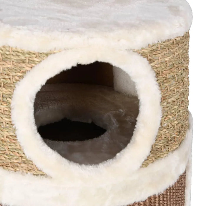 Round seagrass cat scratching barrel with plush trim and condo opening