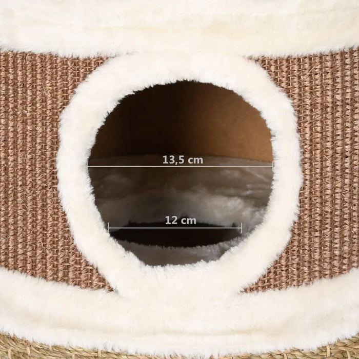 Brown seagrass cat scratching barrel with fluffy rimmed condo opening, 13.5 cm wide, 12 cm tall
