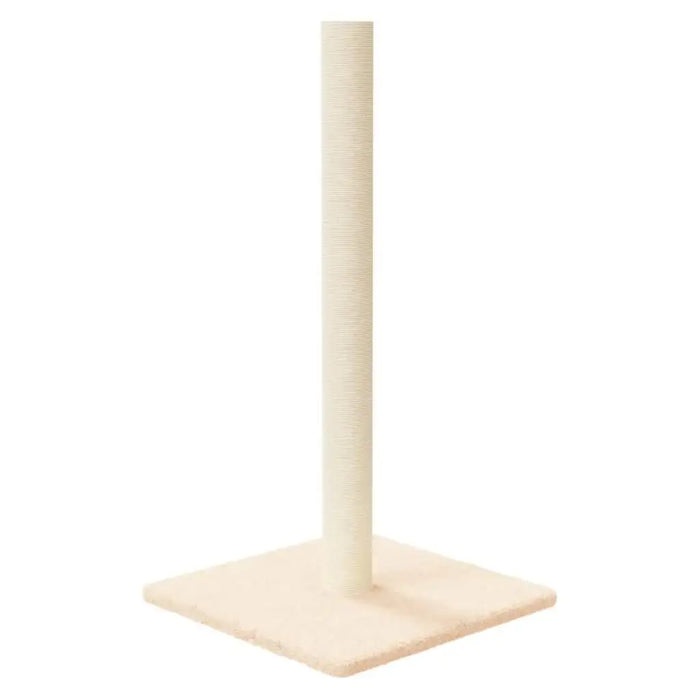 Cream cat scratching post with natural sisal and plush base on white background
