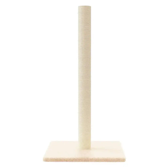 Cream cat scratching post with natural sisal and plush base on white background