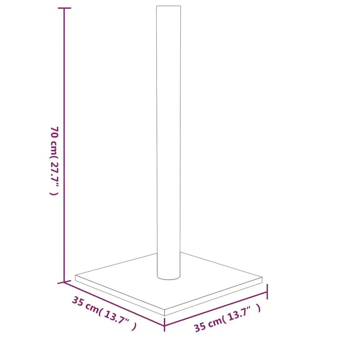 Cat scratching post diagram with 70 cm height and 35 cm square base, simple line drawing.
