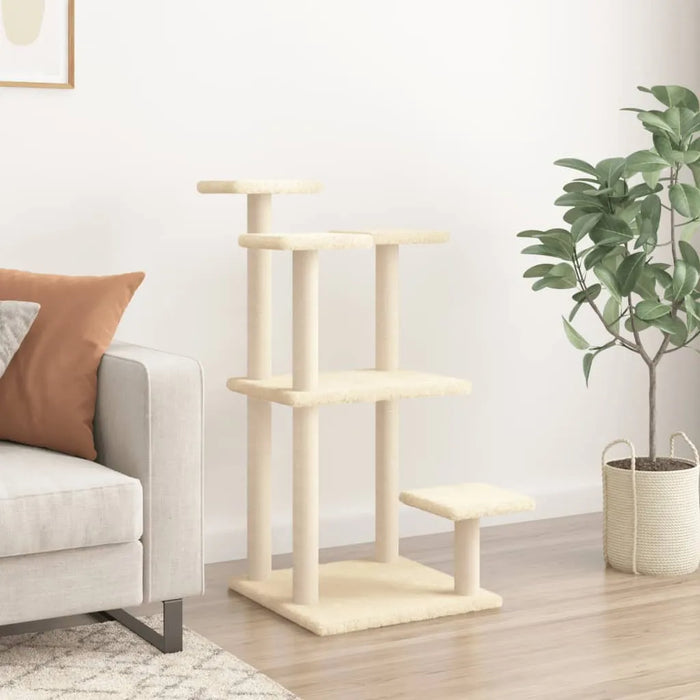 Cream multi-level cat scratching post with sisal posts in modern living room