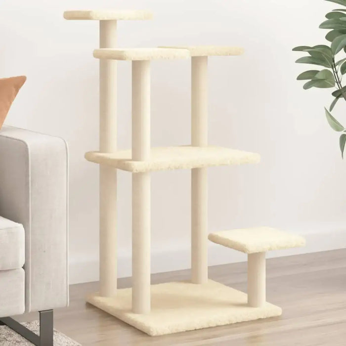 Cream multi-level cat scratching post with sisal posts and plush platforms in living room