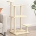 Cream multi-level cat scratching post with sisal posts and plush platforms in living room