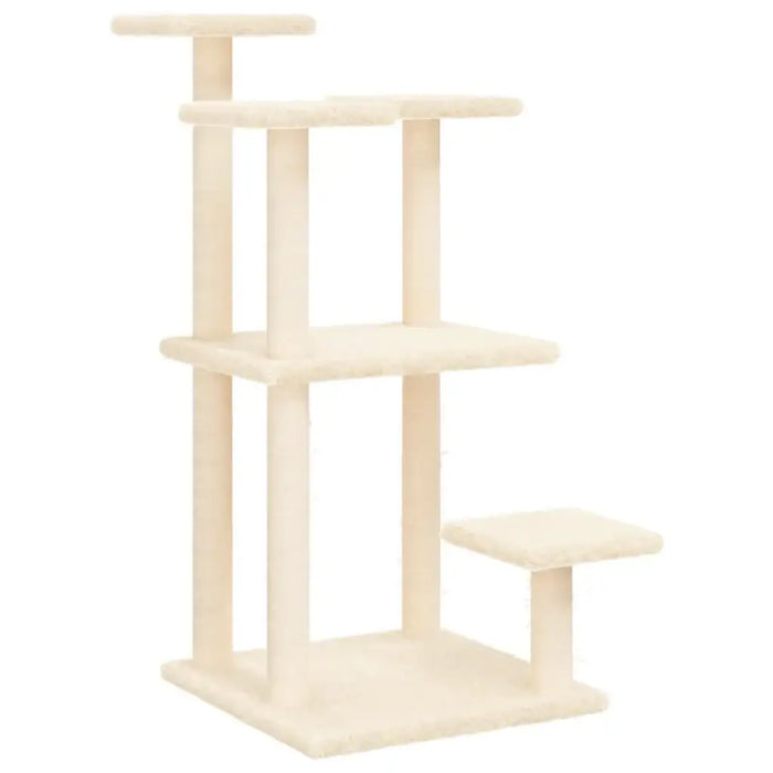 Cream multi-level cat tree scratching post with platforms and plush covering