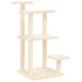 Cream multi-level cat tree scratching post with platforms and plush covering