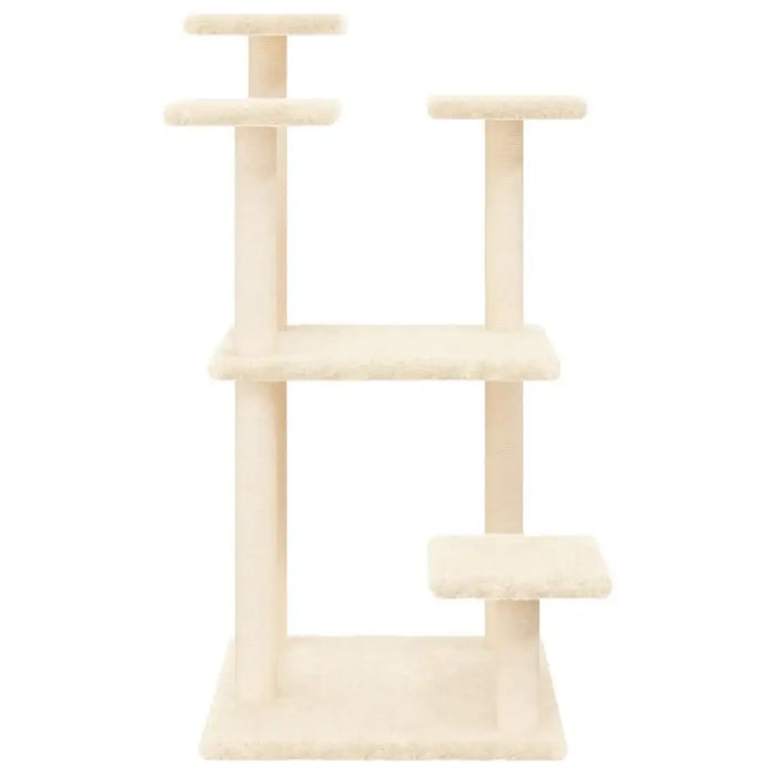 Cream multi-level cat scratching post with sisal posts and plush platforms