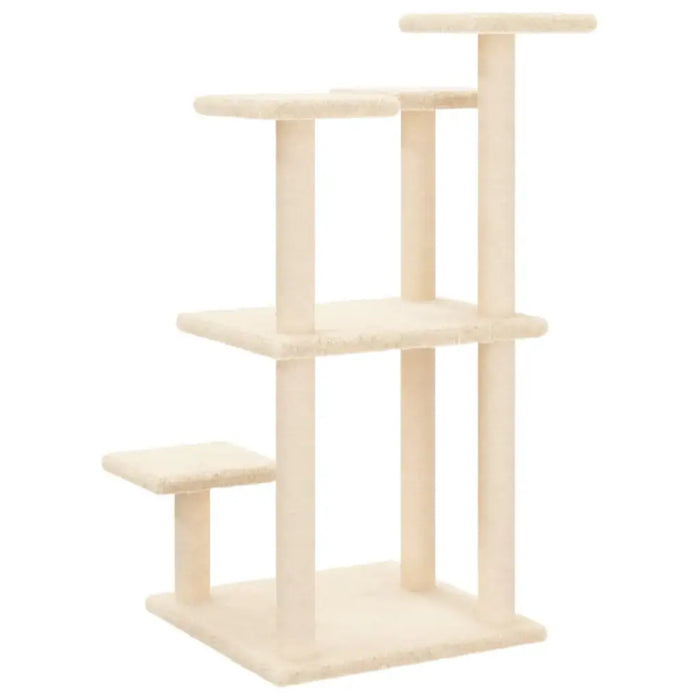 Cream multi-level cat tree with sisal scratching posts and plush-covered platforms