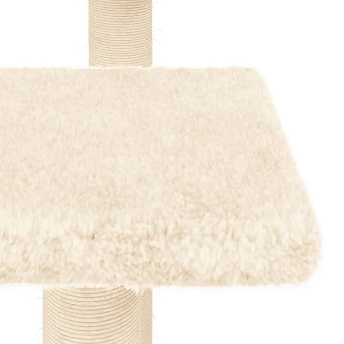 Cream cat scratching post with plush platform and sisal-wrapped support pole
