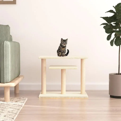 Tabby kitten on cream cat scratching post with plush cover and sisal posts in living room