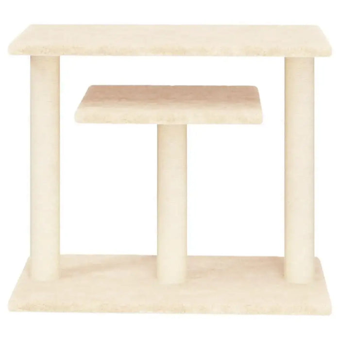 cream cat scratching post with two platforms and thick plush covering