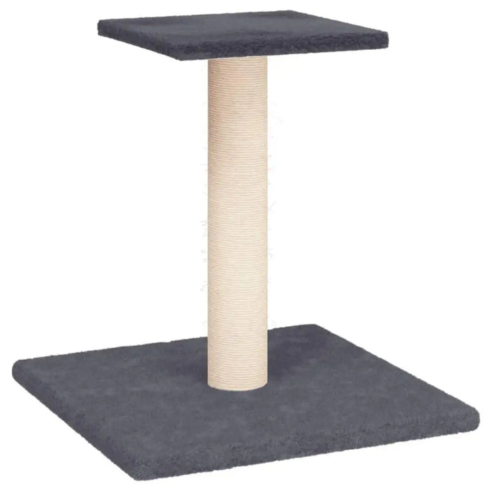 Dark grey compact cat scratching post with sisal column and platform on white background