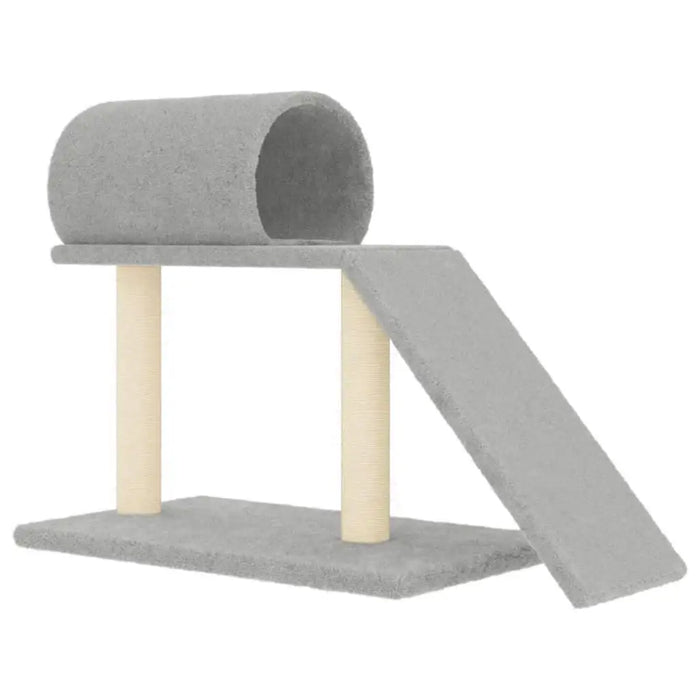 Light grey cat scratching post with tunnel, ladder, and sisal-wrapped posts.