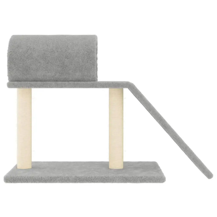 Light grey cat scratching post with tunnel, ladder, and sisal-wrapped pillars