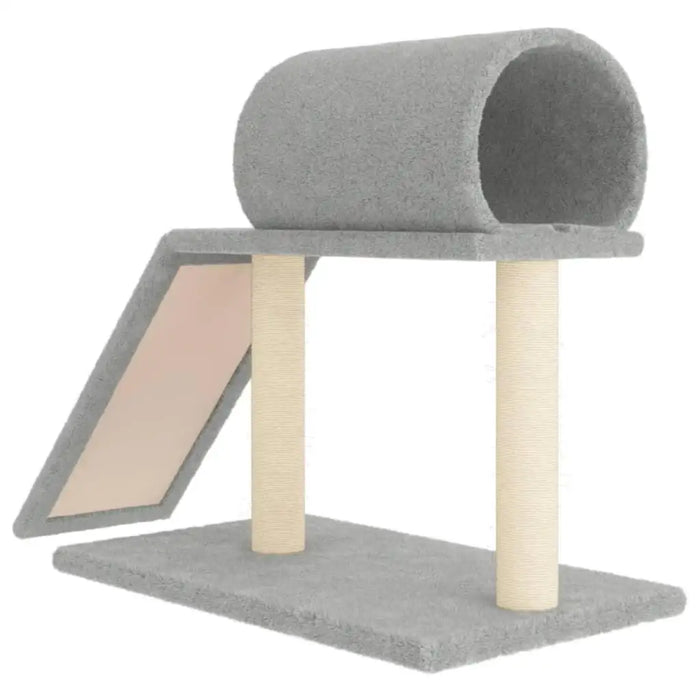 Light grey cat scratching post with tunnel, ladder, and natural sisal columns